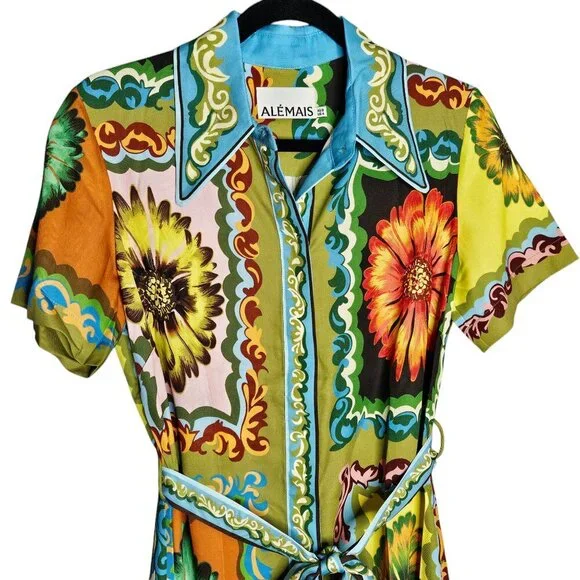 Alemais Disco Daisy Green Yellow Floral Belted Maxi Shirtdress Size AU 8 US 4 - Picture 7 of 16